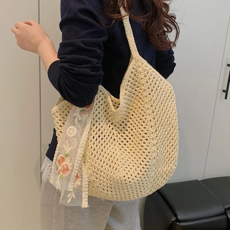 INBORNLUCK慵懒风腋下包包女夏大容量棉线镂空编织包海边度假通勤