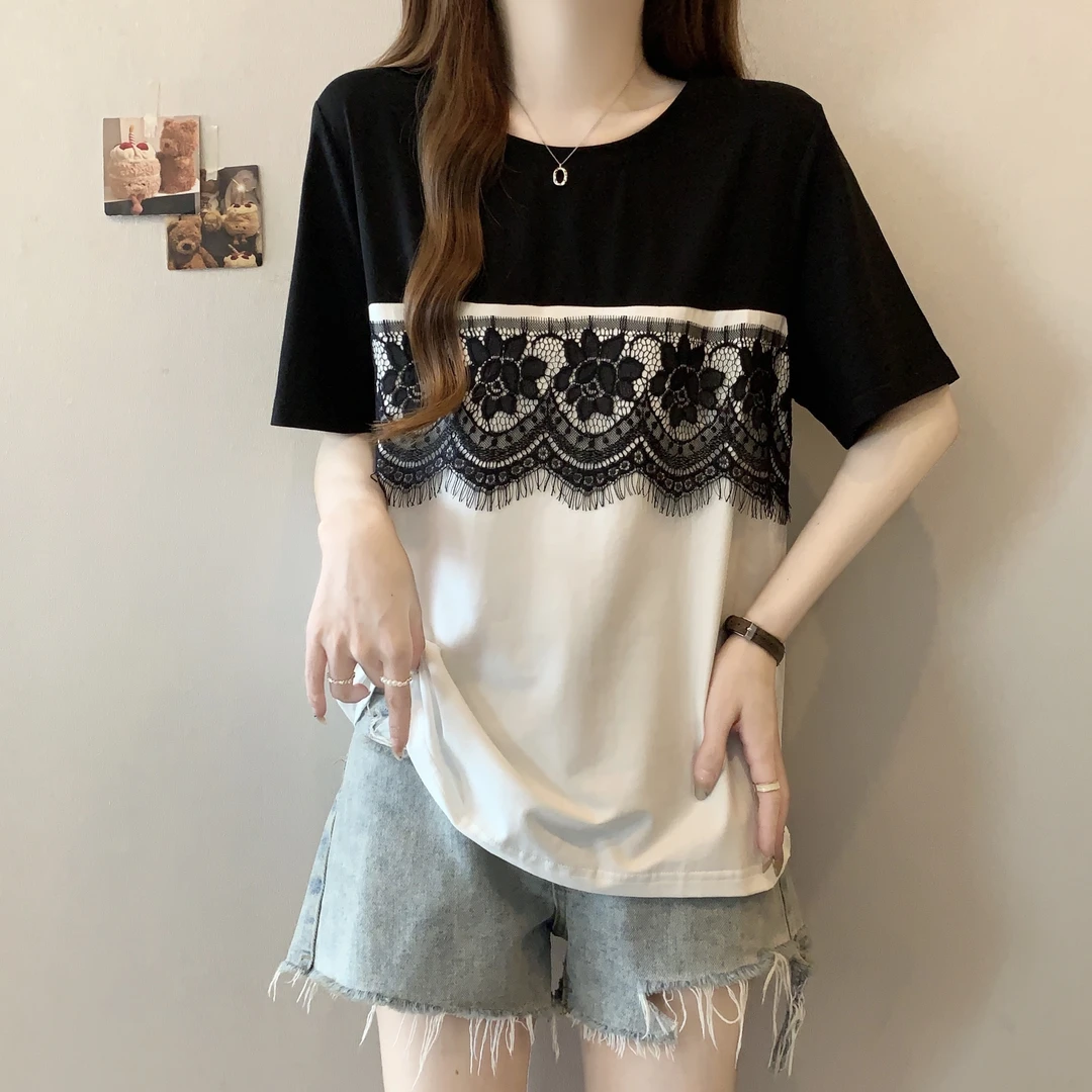 大码撞色蕾丝花边拼接短袖T恤女夏季微胖MM宽松显瘦洋气减龄上衣
