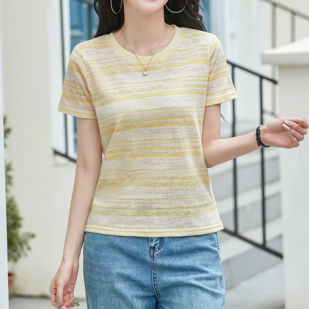 新款撞色复古圆领短袖设计感宽松休闲显瘦正肩出游服装女打底衫