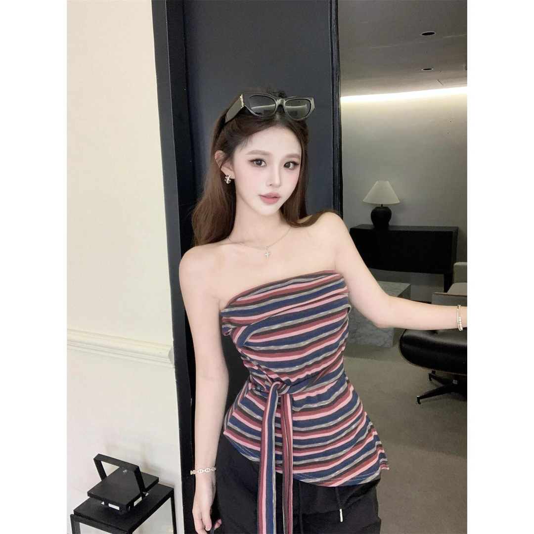 辣妹彩色条纹绑带抹胸女夏季2025新款不规则修身显瘦复古无袖上衣