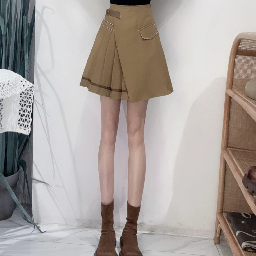 PA30213083复古文艺学院风不规则设计版型显瘦遮胯面料舒适百褶裙