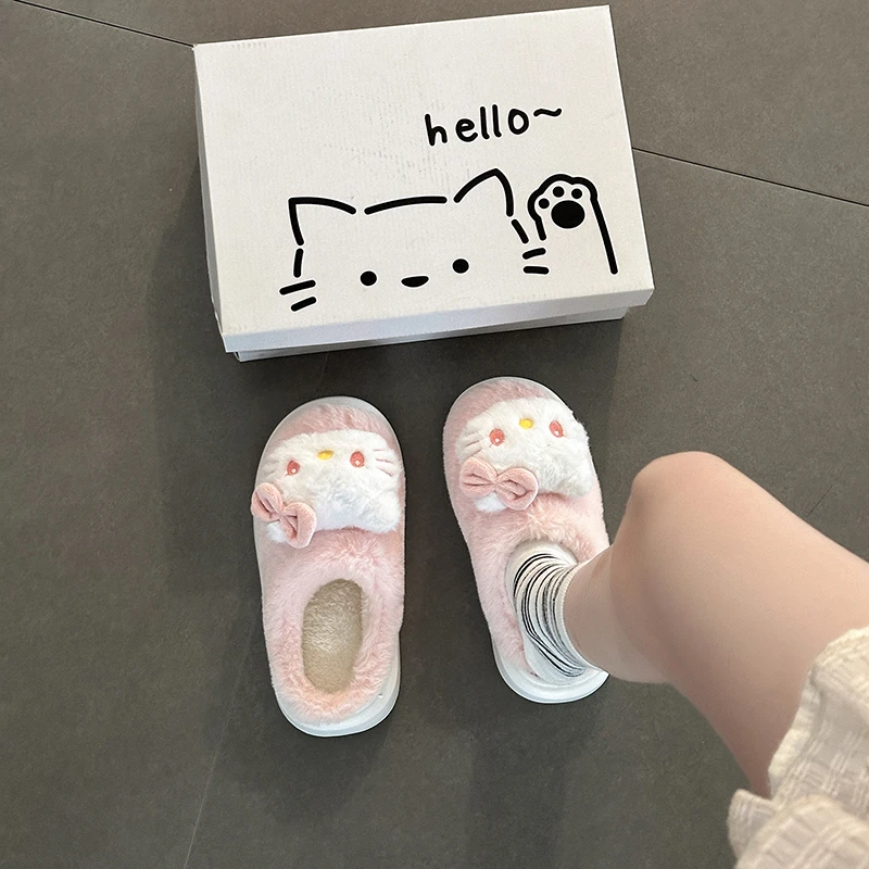 可爱温柔仙女卡通小猫毛毛拖鞋女士外穿2025冬季新款毛绒一字拖鞋