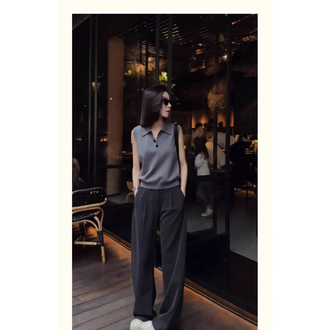 简约休闲百搭无袖针织衫背心女2024夏季新款内搭外穿翻领气质上衣