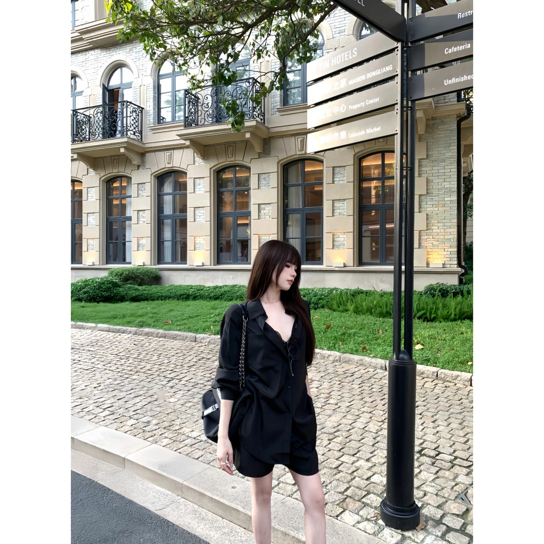 夏季穿搭休闲长袖百搭衬衣上衣白色宽松慵懒polo领衬衫防晒套装