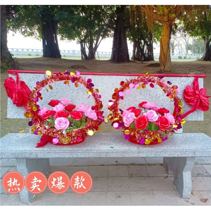 新款节日演出舞蹈花篮道具大秧歌挑担花篮手提跳舞小花篮塑料批发