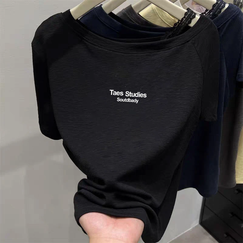 夏天巨好看的斜肩吊带黑色短袖T恤女夏季2025新款独特漂亮上衣服