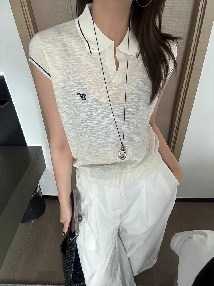 短袖刺绣女拼色翻领夏季毛针织衫百搭上衣休闲辣妹风