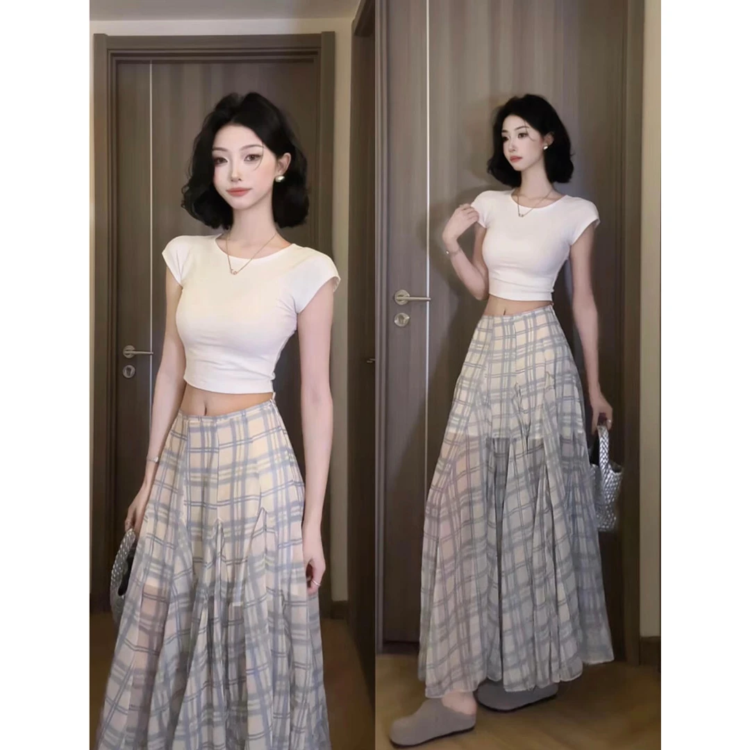 温柔风不规则微透格子鱼尾半身裙女夏季新款设计感网纱飘逸长裙子