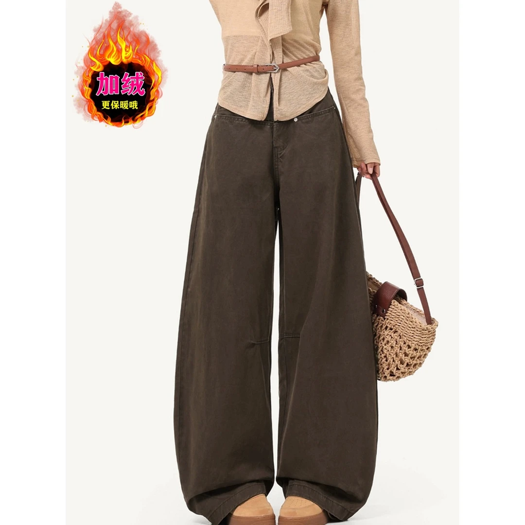 美式复古加绒牛仔裤女款秋冬加绒加厚高腰显瘦大码直筒阔腿裤子
