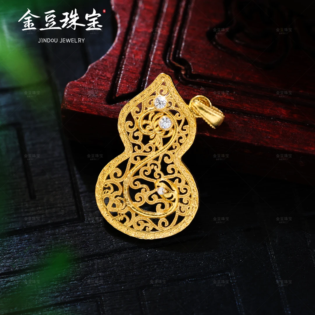 【金豆VIP】18K金天然豪镶小灵蛇花丝葫芦吊坠锁骨链时尚配饰F
