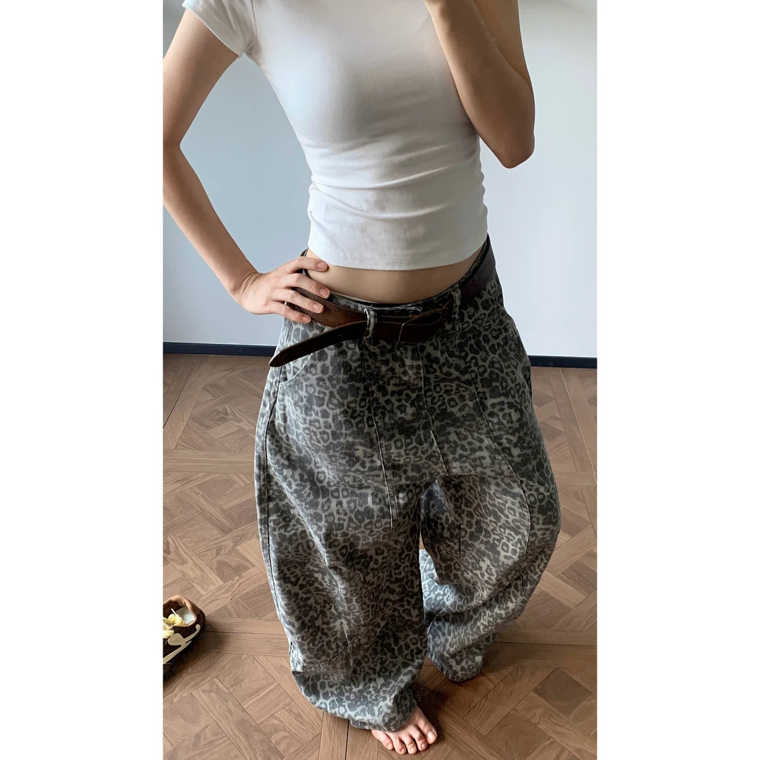 美式复古解构廓形豹纹弯刀牛仔裤男女潮牌设计感阔腿宽松休闲长裤