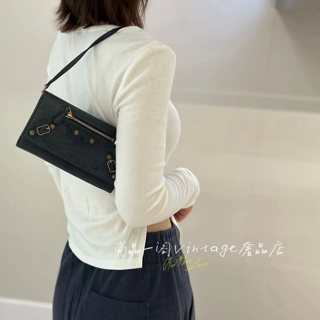 95新 Balenciaga/巴黎世家 尚品一阁/墨绿色机车麻将腋下单肩包