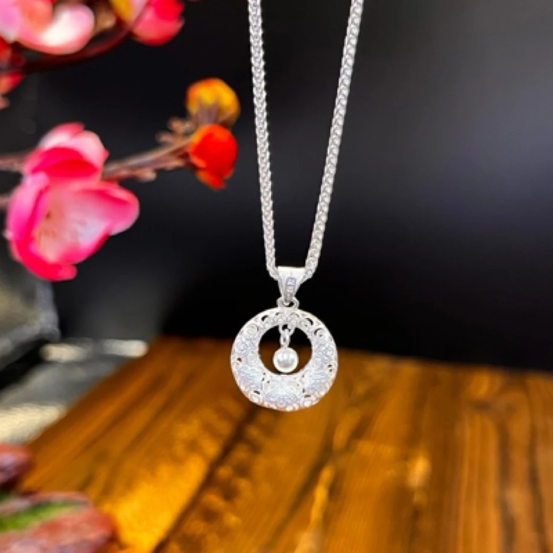 足银银制品 足银吊坠 百搭项链民族手工平安扣花丝祥云福字套链