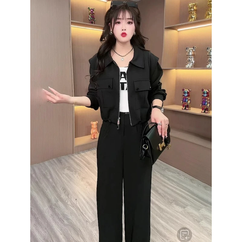 2024年秋冬季时尚运动套装新款黑色短款开衫减龄长袖上衣两件套女