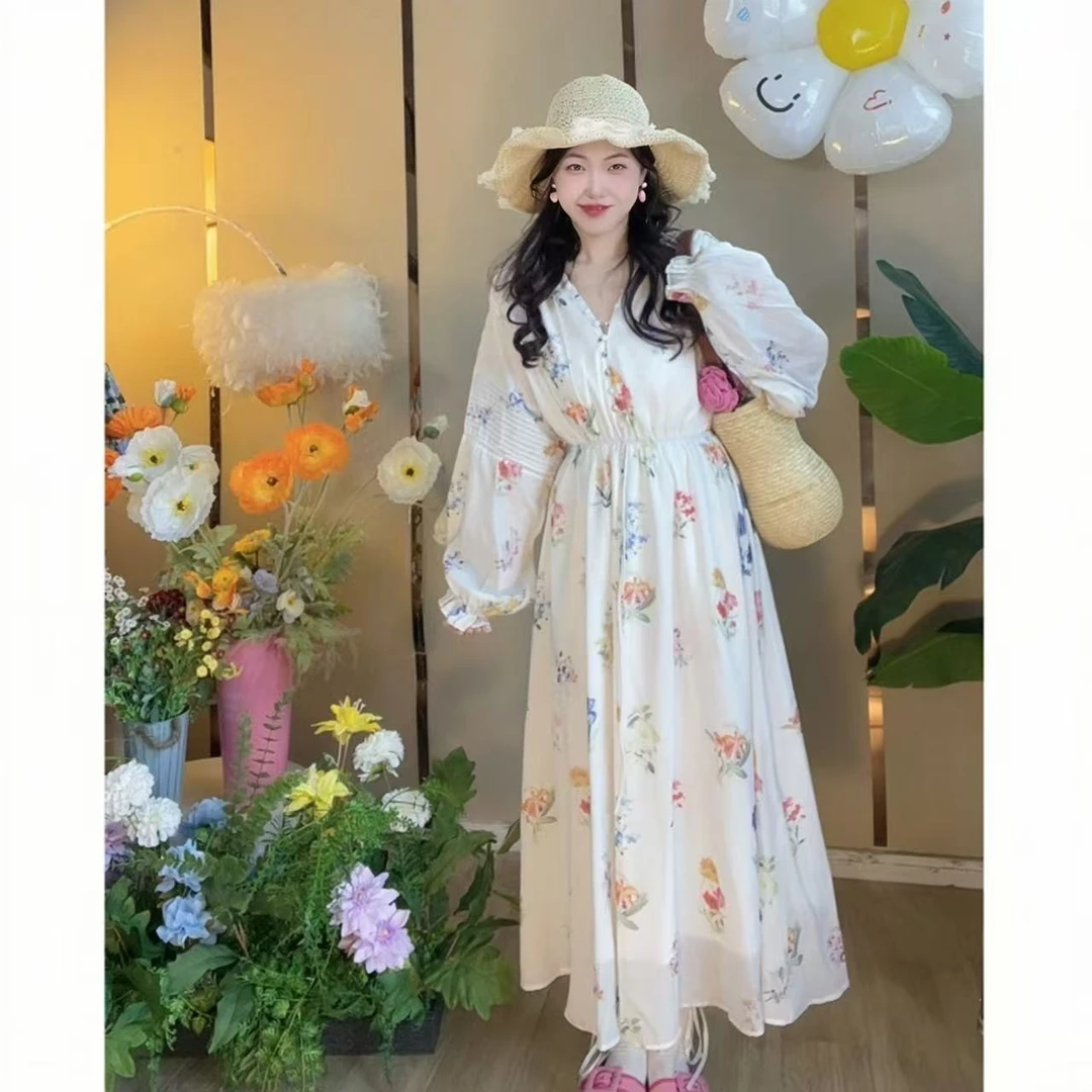 燃冉【海岛游】春夏气质印花法式碎花长裙收腰甜美收腰连衣裙