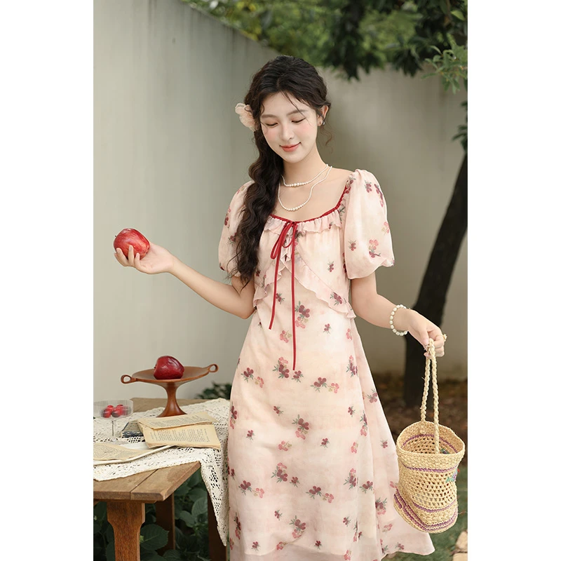 【粉丝专享】谜秀茶歇法式连衣裙韩系碎花泡泡袖收腰裙MXD31L1924