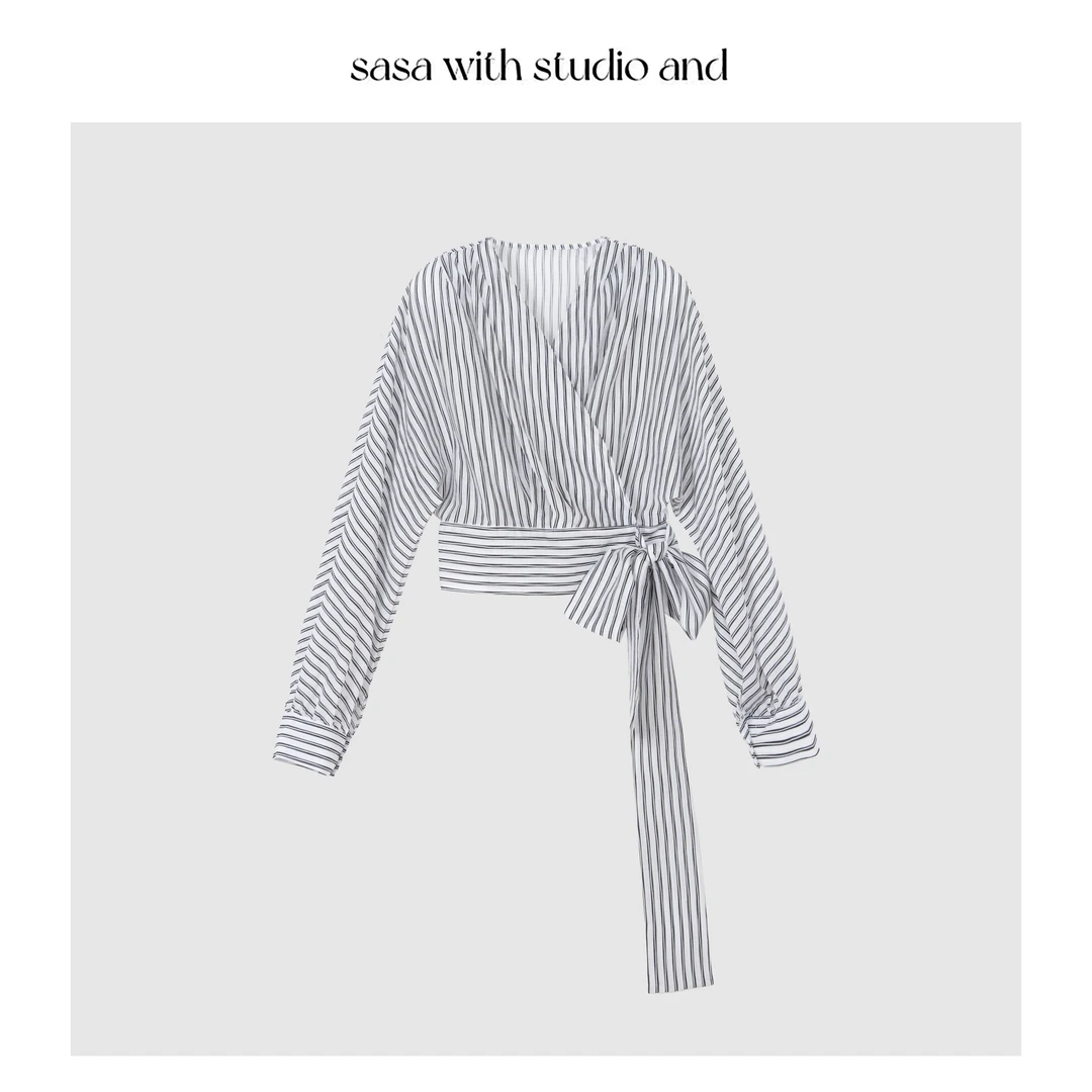 经典条纹衬衫V领绑带设计时尚长袖衬衫上衣 2608