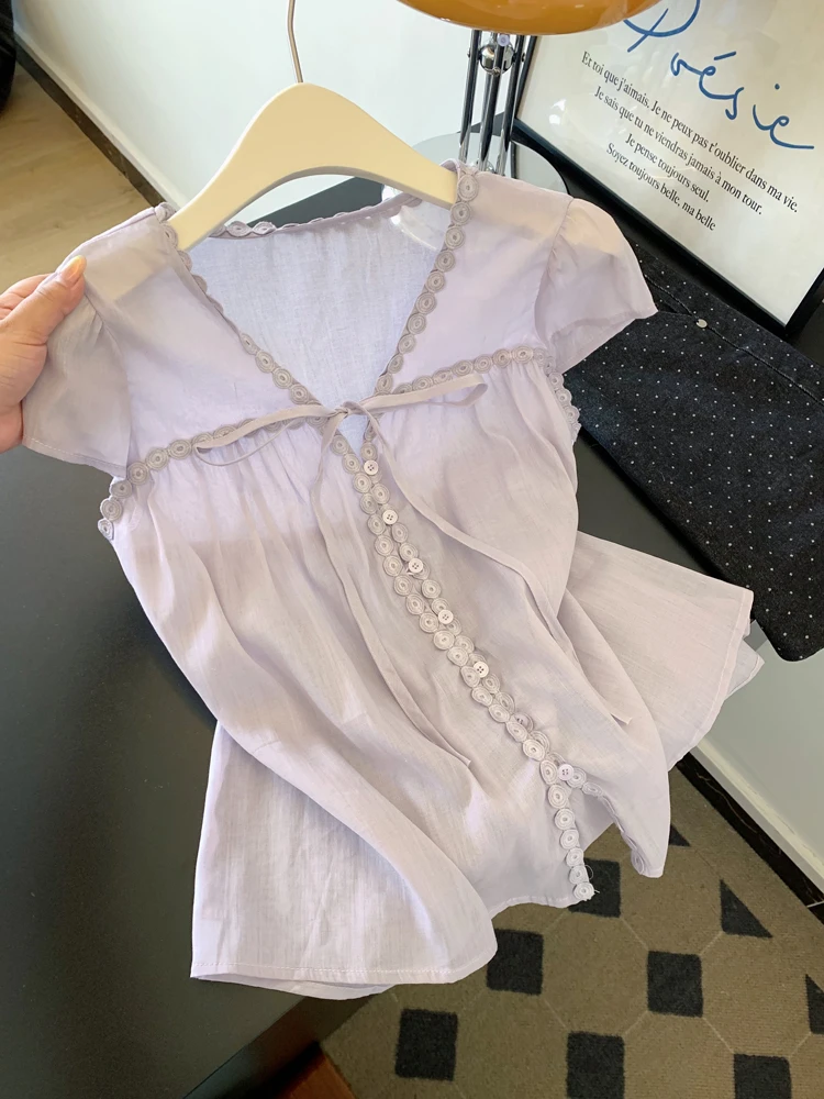 2025新款小衫夏日轻薄气质紫色正肩短袖衬衫女士法式小资飞袖上衣