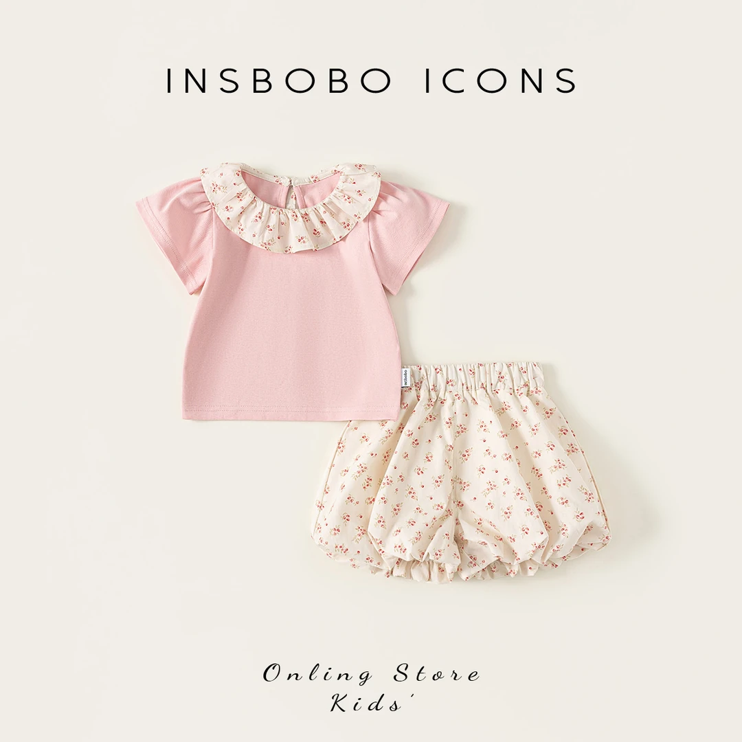 INSbobo女童夏季套装花边圆领短袖上衣牛筋腰碎花花苞裤潮XT25542