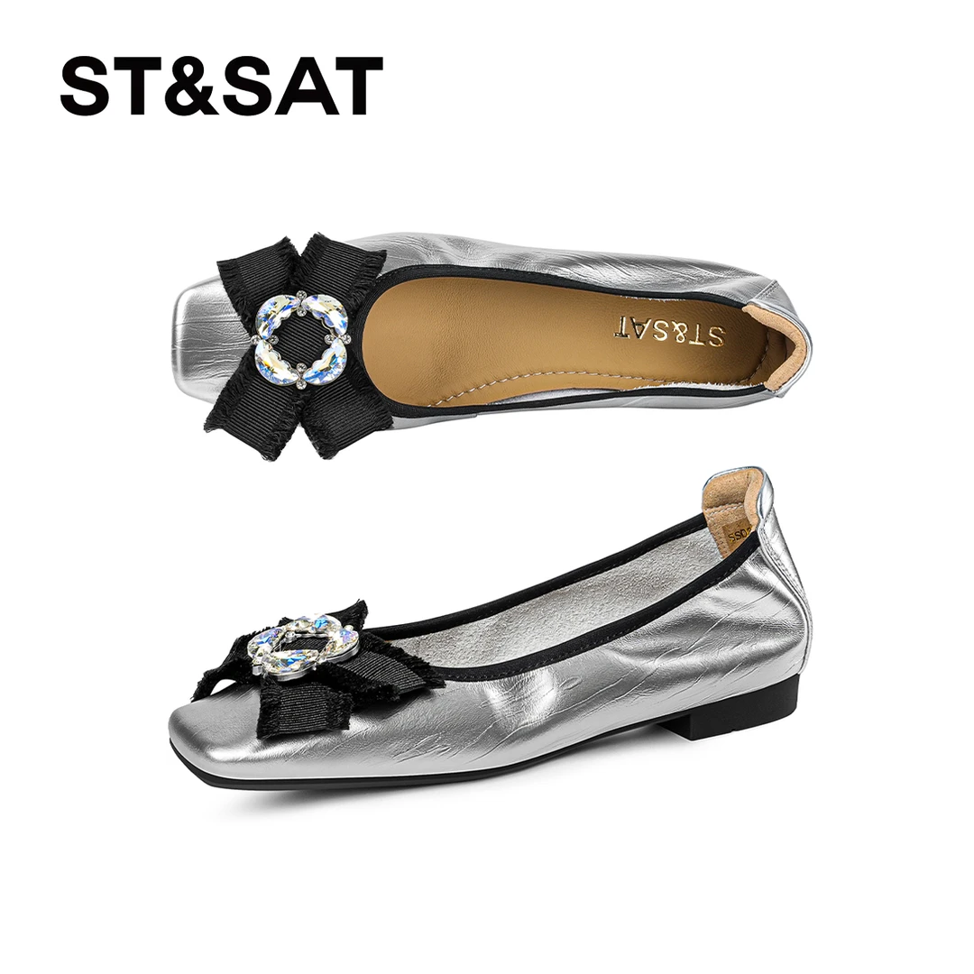 St&Sat/星期六浅口一脚蹬方头粗跟单鞋蝴蝶结水钻休闲玛丽珍鞋