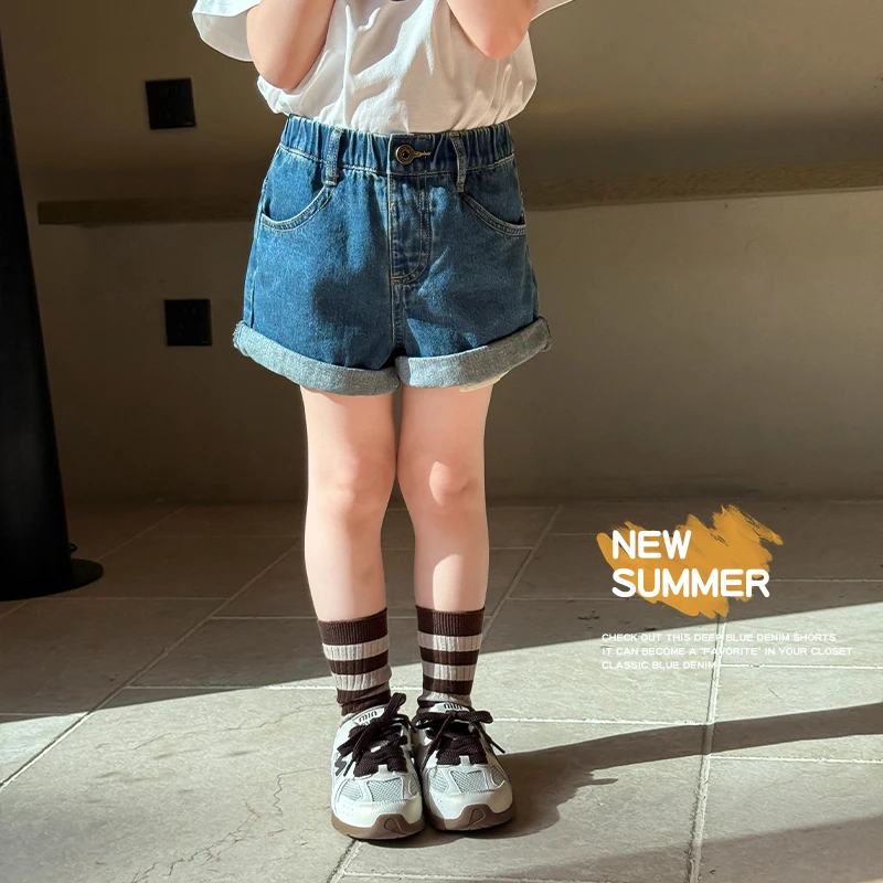 SKB2530女童韩版时尚卷边牛仔短裤春装新款儿童高腰休闲热裤潮