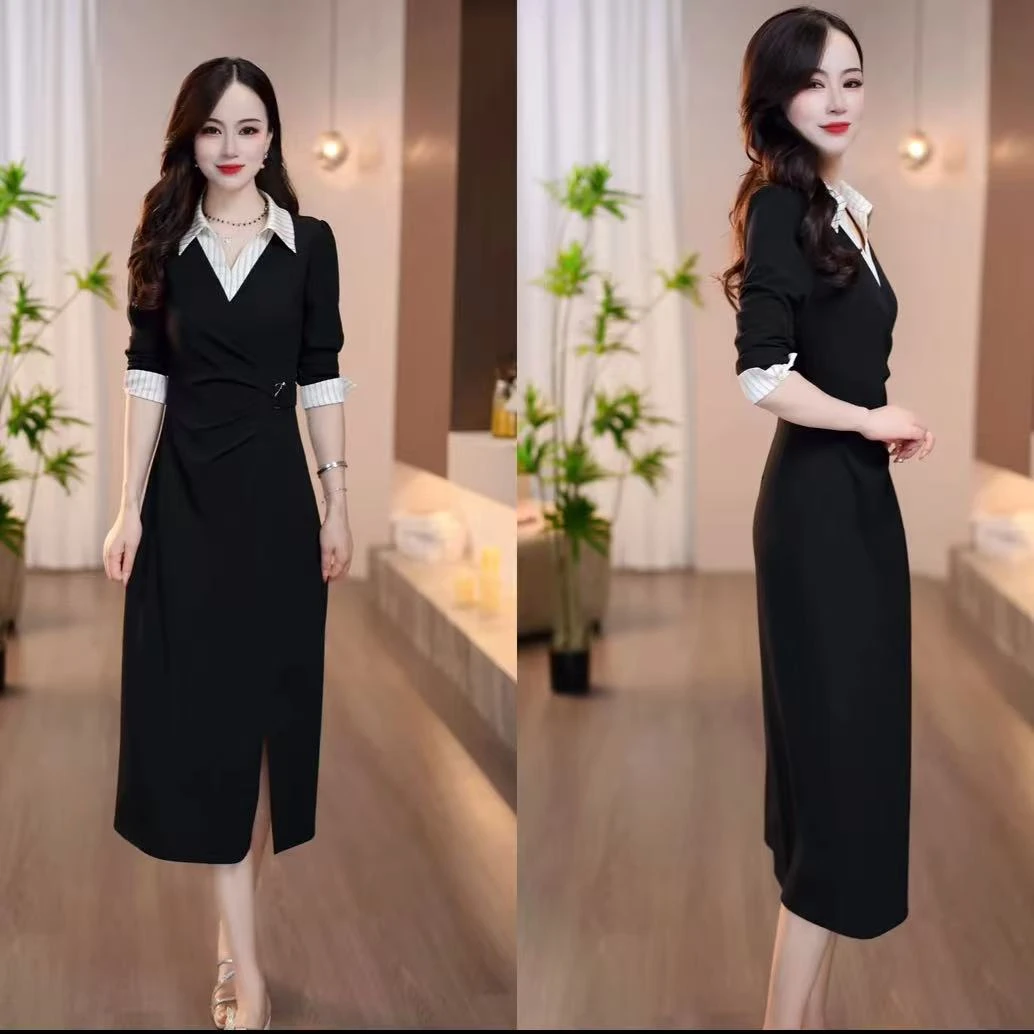 【连衣裙】秋季新款气质衬衫领拼接时尚修身遮肉收腰显瘦中长裙