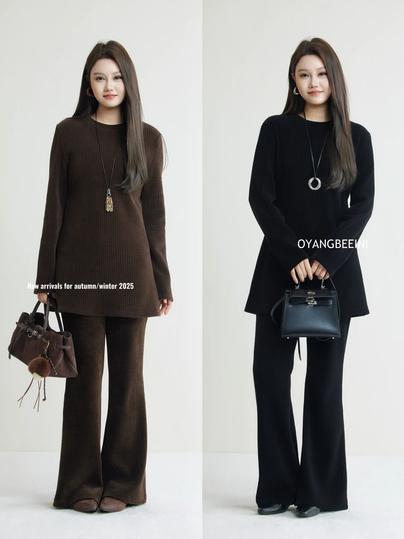 OYBN欧阳贝妮【拿捏曲线】微胖大码条绒长袖上衣休闲裤时尚套装5627