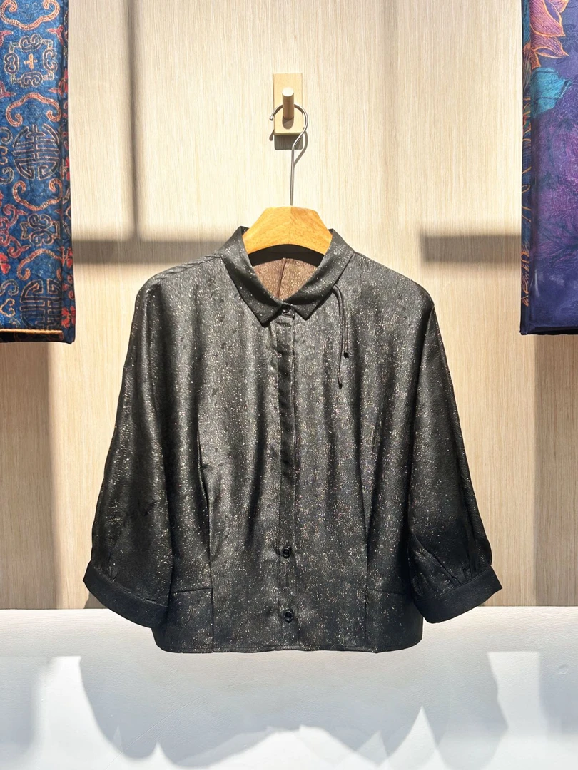 100%桑蚕丝LW七分袖香云纱100桑蚕丝外套织金上衣zh9013