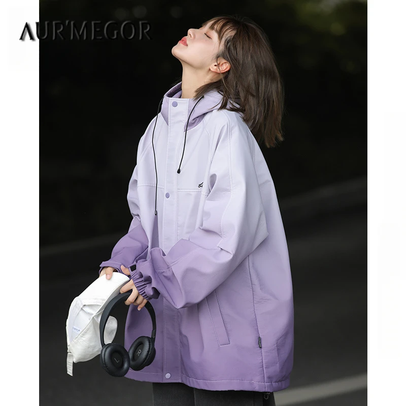 渐变色美式冲锋衣外套男女春秋季宽松连帽上衣户外防水工装登山服