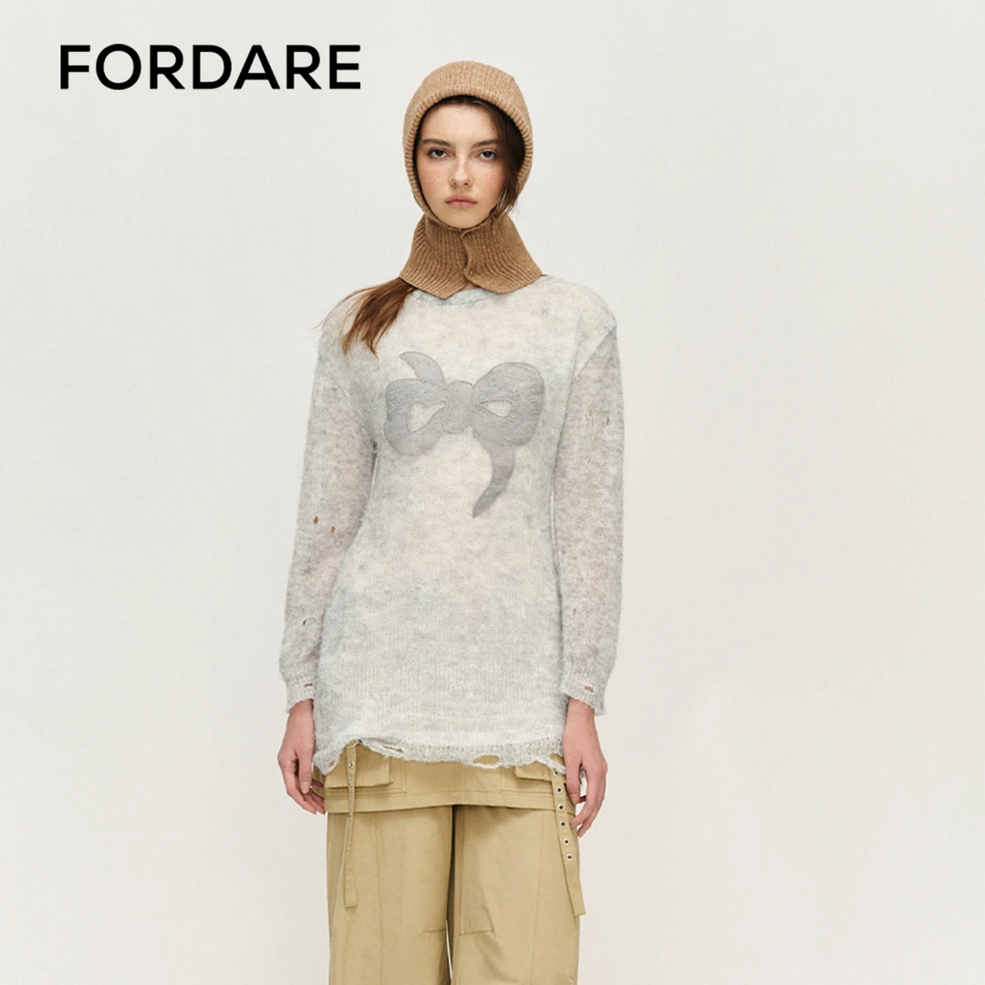 FORDARE福蝶 25春季新品 假两件马海毛蝴蝶结连衣裙打底针织3337