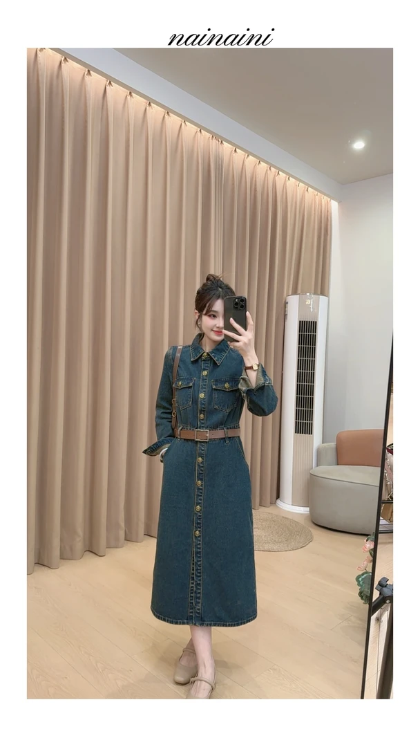 奈奈妮【追风日记】牛仔连衣裙女2025秋季小个子显瘦气质带腰带8858