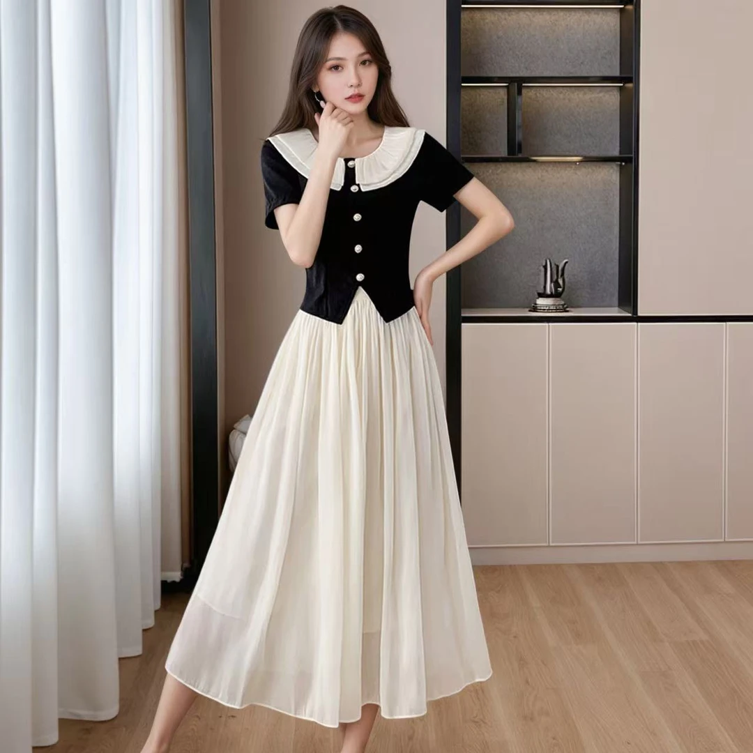 法式名媛小香风娃娃领上衣加A字半身裙两件套2025夏季新款连衣裙