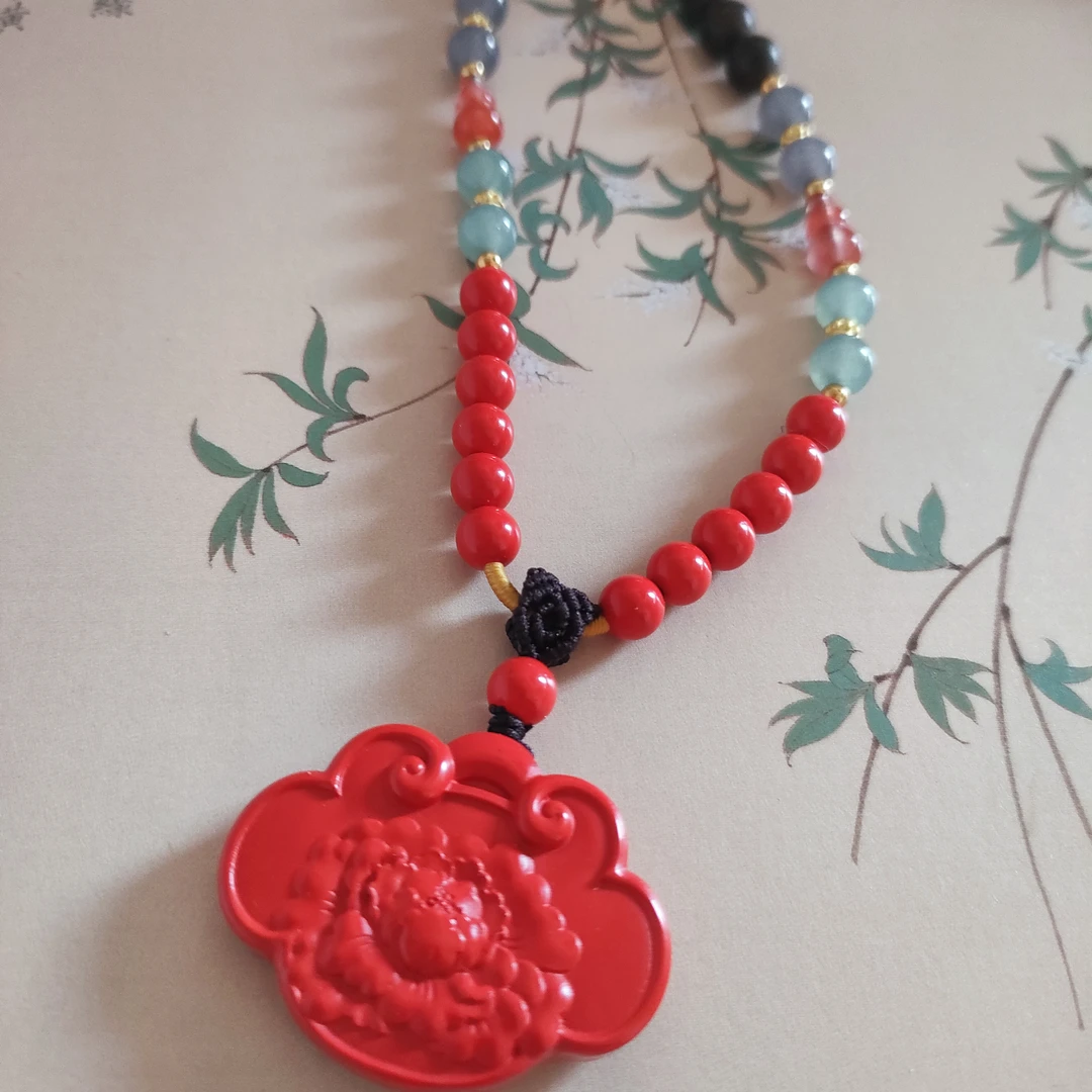 含辰砂工艺品 高含量保真朱砂 原创设计链牡丹锁