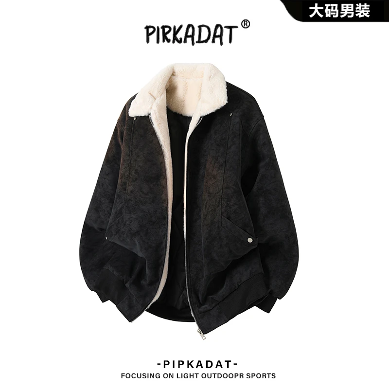 Pirkadat冬季加厚保暖夹克潮流宽松加厚外套羊羔绒男士翻领上衣男