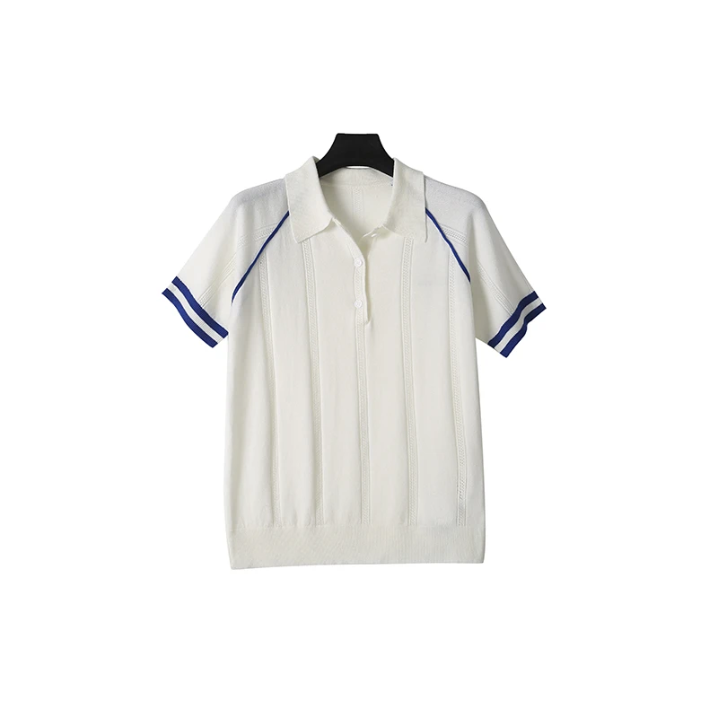 镂空浮雕工艺POLO领减龄翻领撞色时尚白色针织衫22803