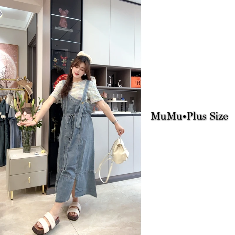 木木家设计感减龄两件套牛仔吊带连衣裙女夏胖mm收腰显瘦连衣裙套