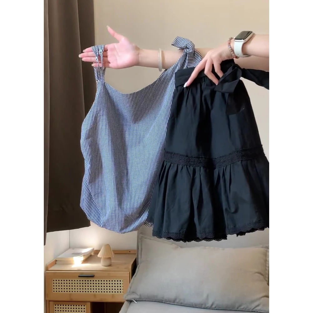 韩系学院风套装女夏季文艺复古格子吊带背心蝴蝶结半身裙两件套潮
