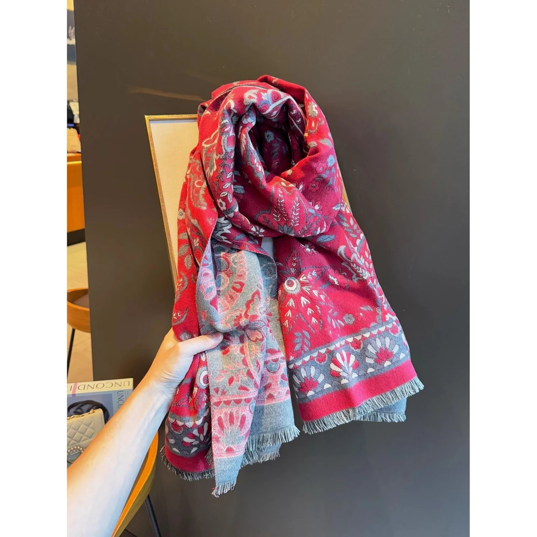 culv新款民族风红色提花披肩保暖防风围脖西藏云南旅行围巾女秋冬