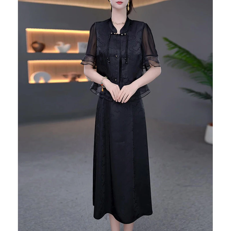 DBF-25A423 新中式轻奢名显瘦媛复古气质收腰连衣裙M-5XL