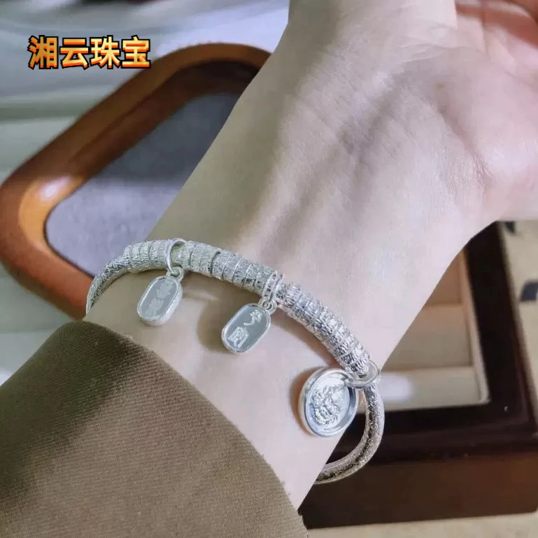 湘云 足银手镯 999.9纯银盘缠手镯亮面闭口实心女款银镯子约32克