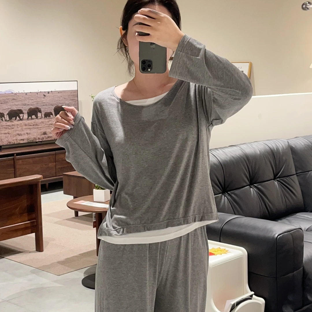 浪漫春天撞色假两件长袖带杯垫睡衣可外穿透气舒适女长裤套装2634