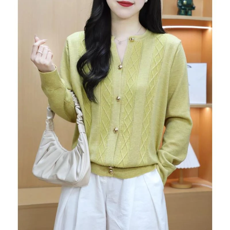 【小V菱形开衫-黄】新款重工提花显白针织毛衣开衫长袖修身V领268