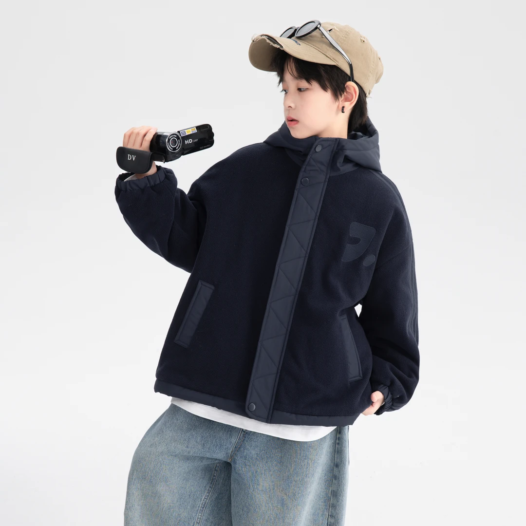 男童秋冬韩范摇粒绒拼接夹棉外套2025新款青少年儿童冬季加厚棉服