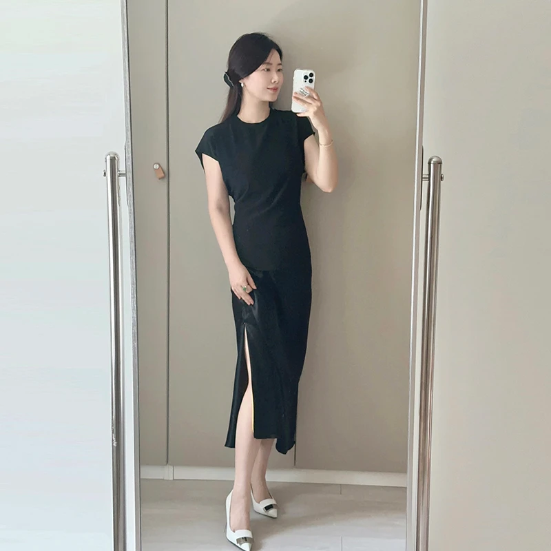 桑罗 桑蚕丝半身裙黑色光滑开叉裙 03423005