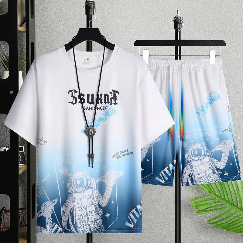 夏季男士冰丝短袖套装ins时尚潮流休闲运动百搭青少年渐变色男T恤