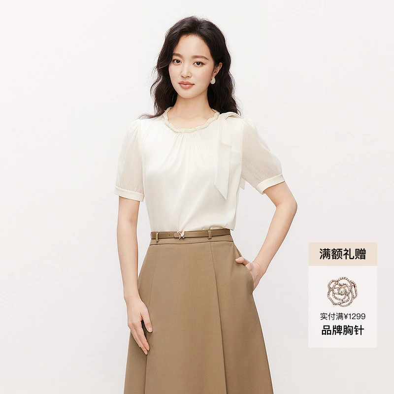 珂莱蒂尔【欧若风】百搭蝴蝶结泡泡袖钉珠雪纺衫衬衫夏季设计感