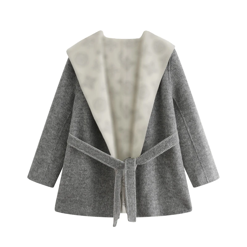 秋冬双色呢子大衣毛呢外套连帽女双面呢-7035