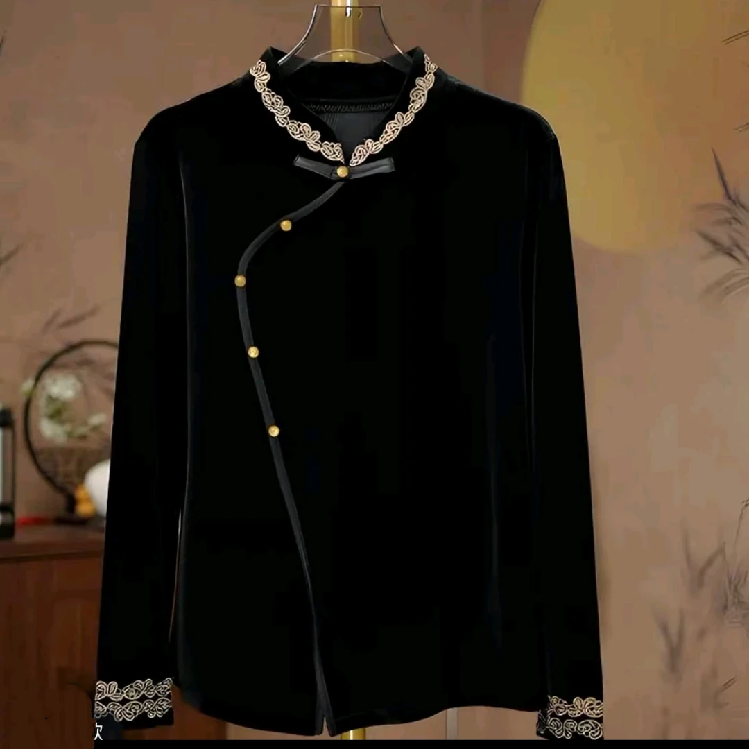 新款大码立领显瘦国风新中式时尚百搭小衫袖口领口刺绣蕾丝