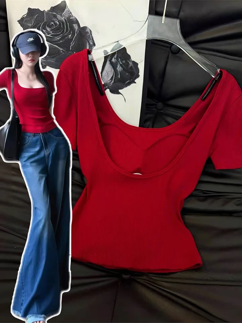 性感辣妹大露背修身显瘦T恤衫女夏季新款带胸垫红色外穿带防滑条