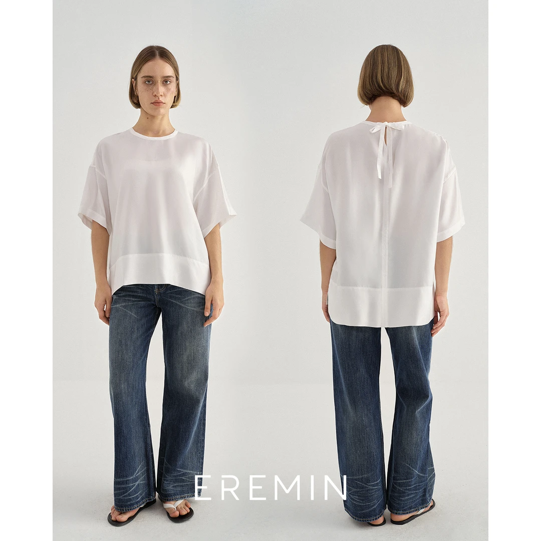 系带真丝T/16姆米斜纹绸桑蚕丝通勤简约T恤55196